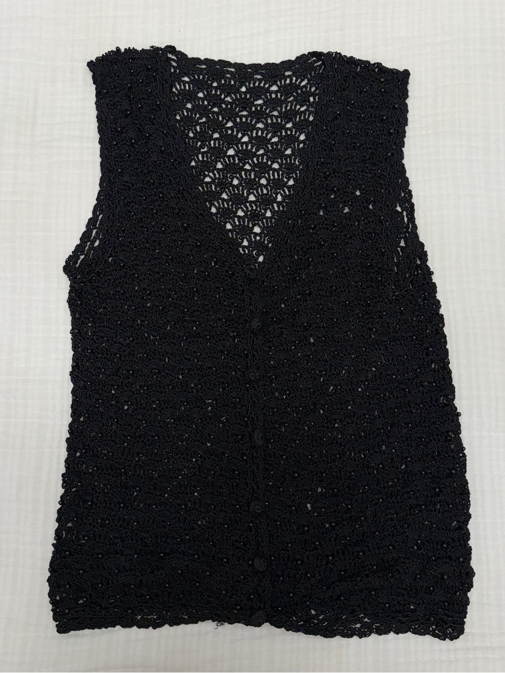 black beaded crochet button front top